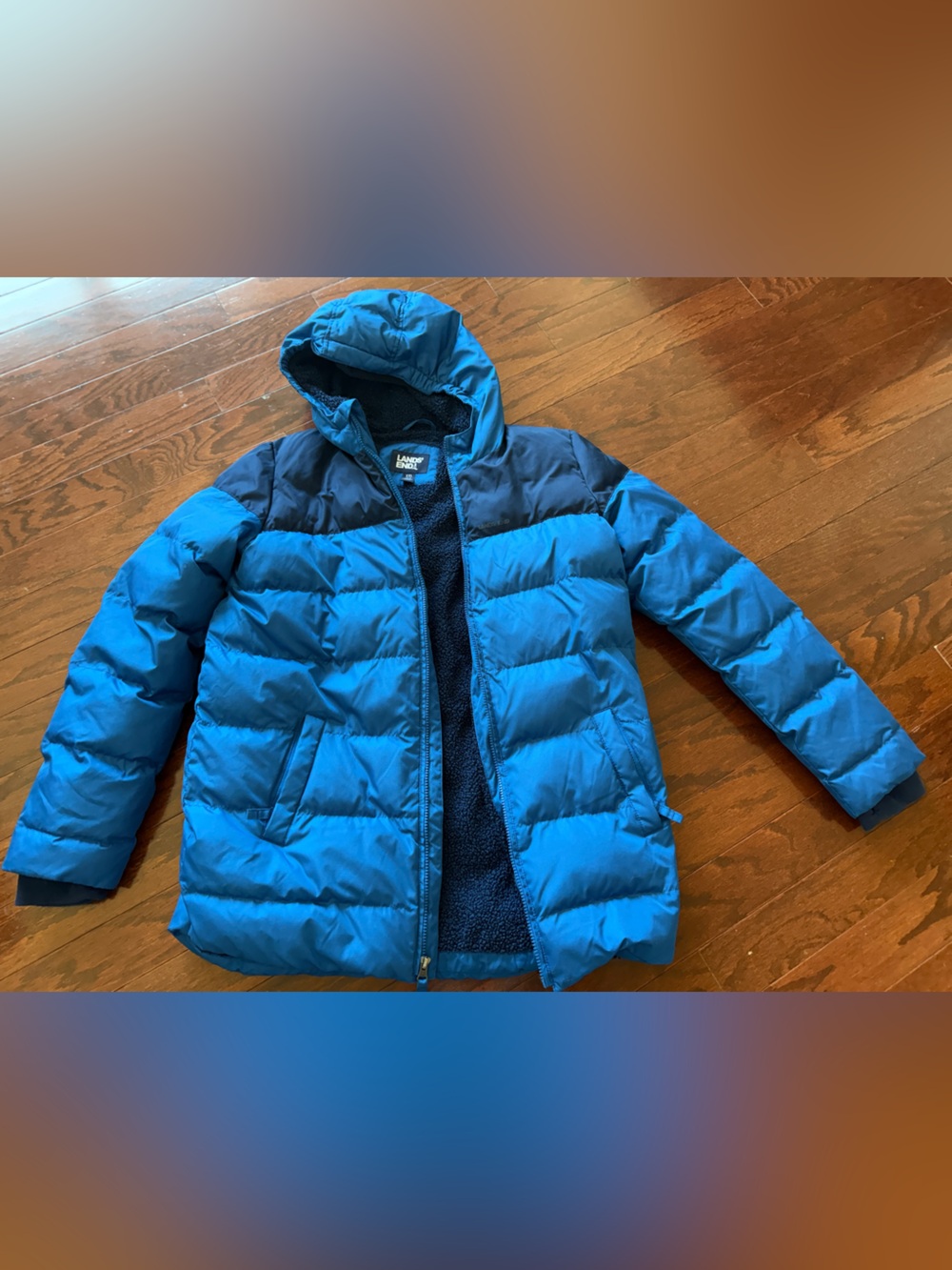 Lands' End boys ThermaPlume Bright Blue Hooded Puffer Jacket
